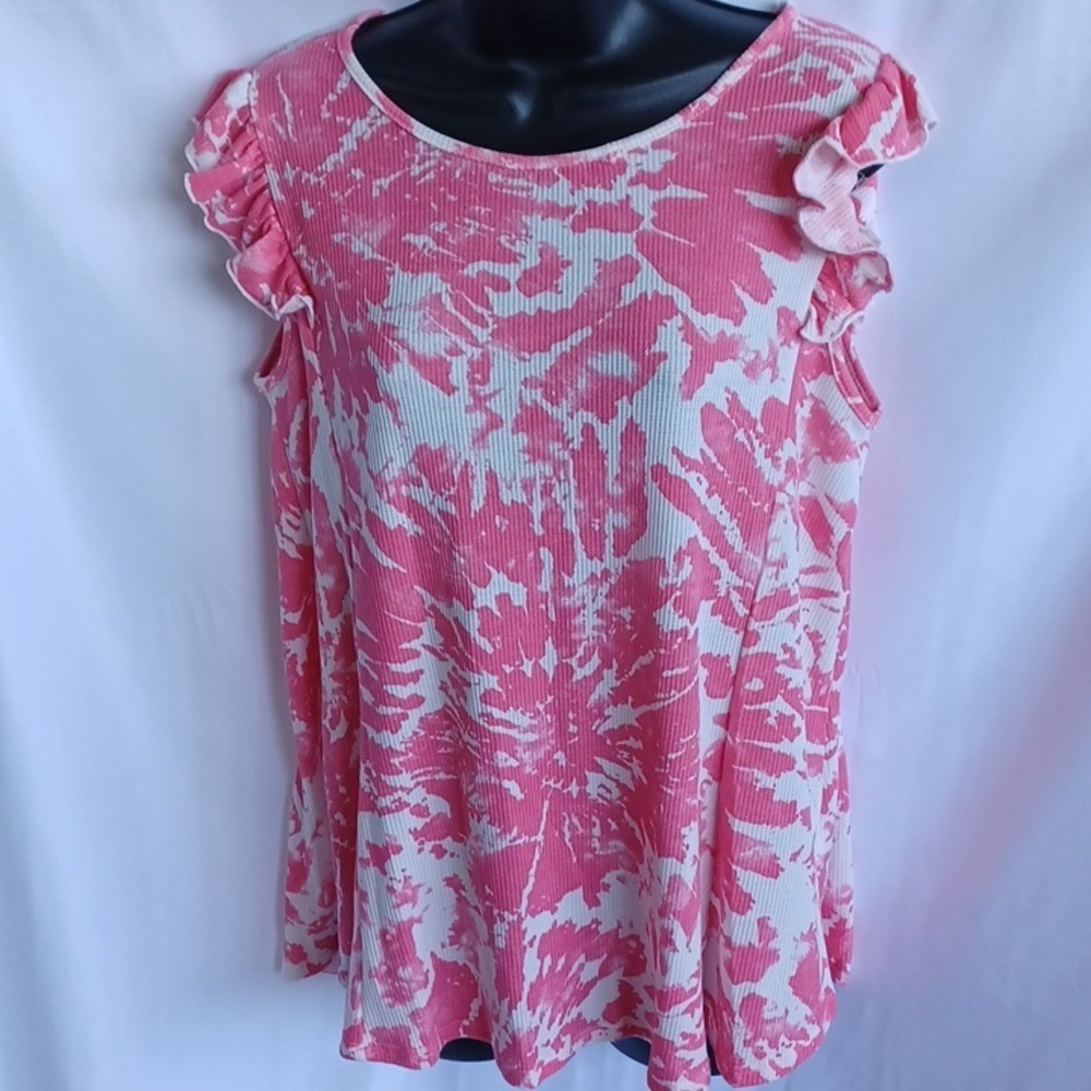 Perfect Peach Tie-dye top, ruffle cap sleeve, pink & white